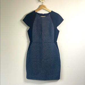 J. Crew Blue and White Sheath Dress Cap Sleeve Crew Neck